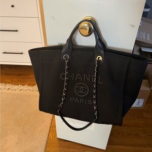 CHANEL Black Canvas Tote with Chain Straps